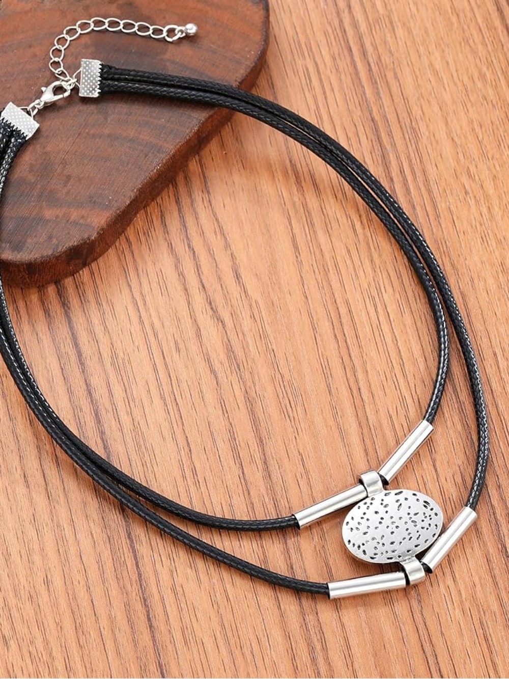 Anthropologie Black Cord Double-Layer Necklace with Silver Discs - Picture 2 of 7